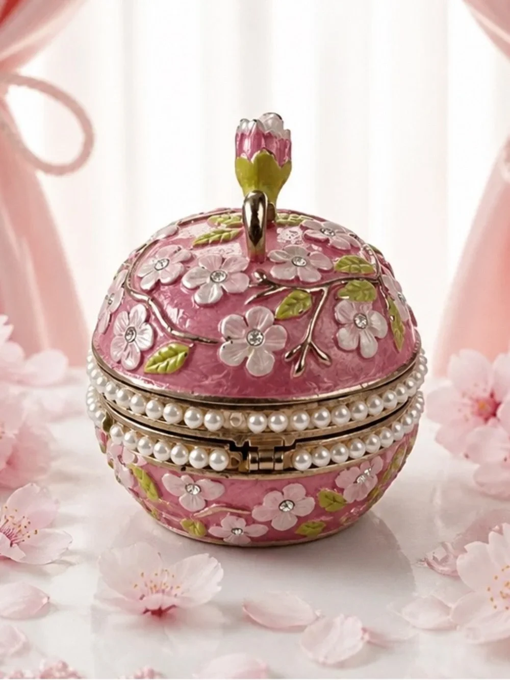 Vintage Rucinni Enamel Pink Apple Blossom Trinket Box With Swarovski Crystals